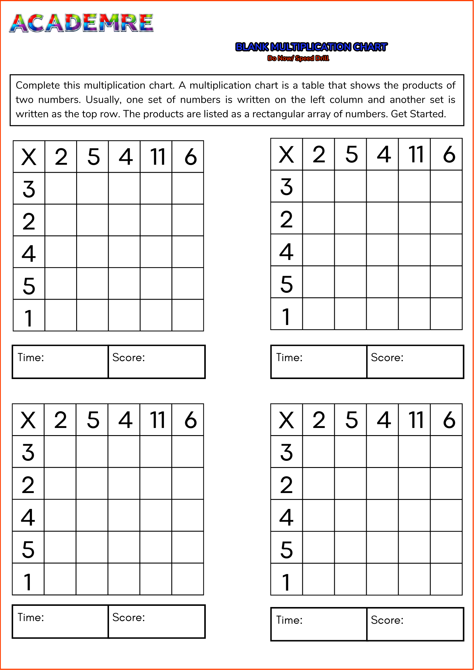 Blank Multiplication Chart: Do Now/ Speed Drill
