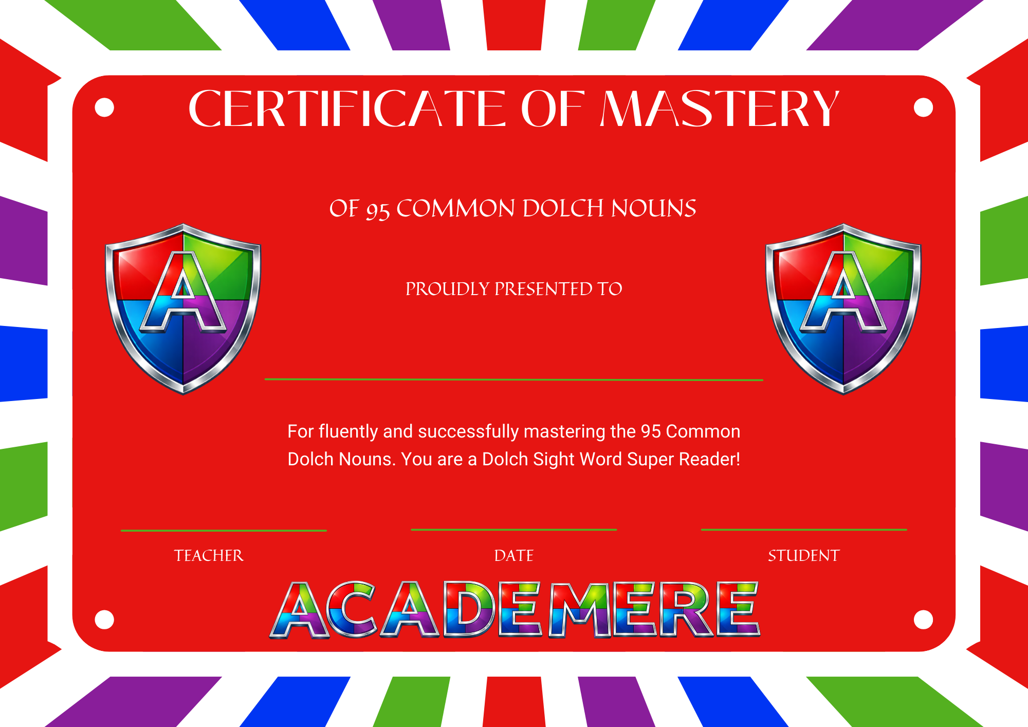 Certificate of Mastery of 95 Common Dolch Nouns - Red