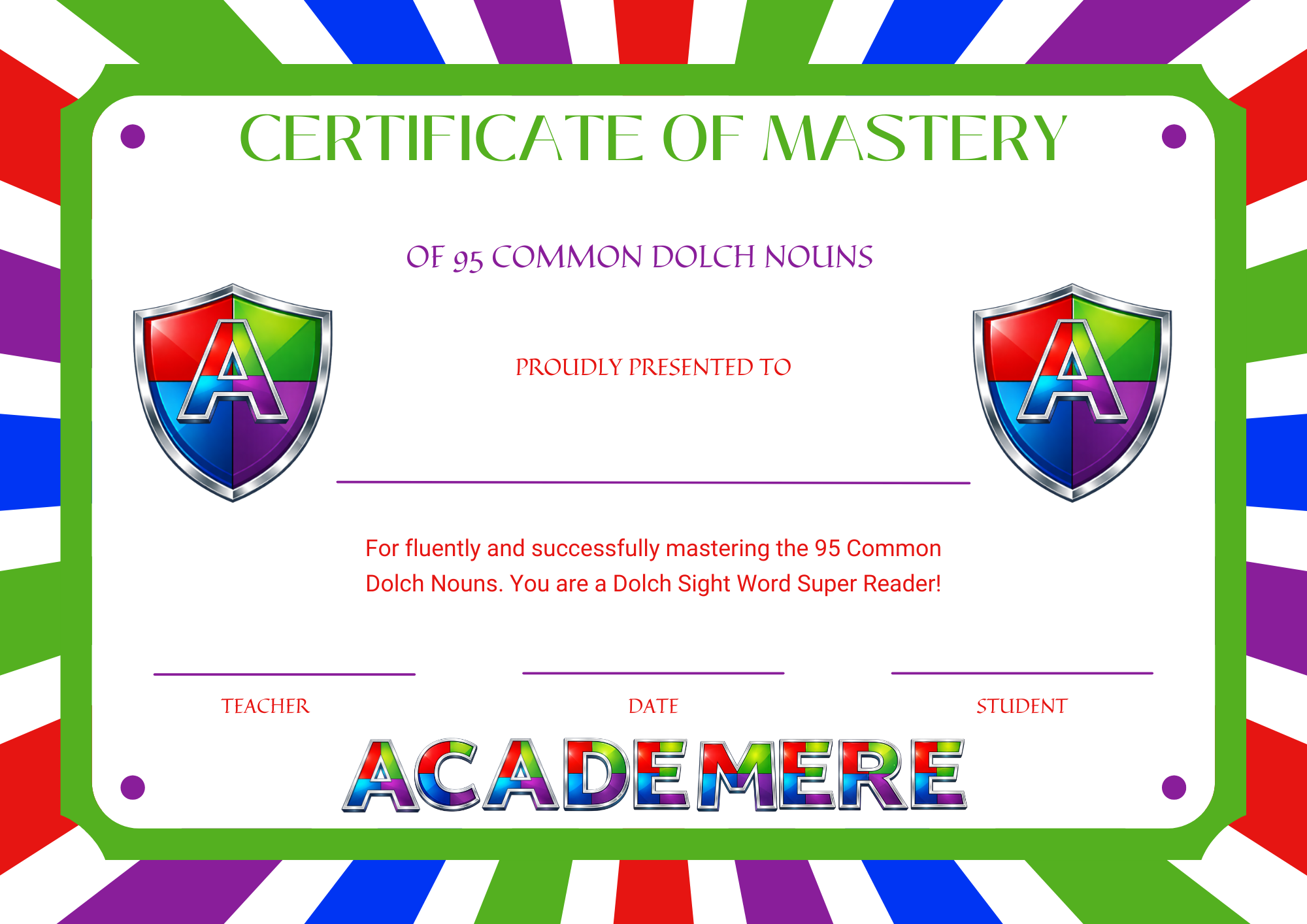 Certificate of Mastery of 95 Common Dolch Nouns - White